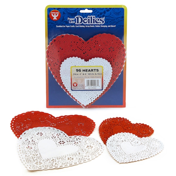 Doilies, White + Red Hearts, 4in + 6in, PK288